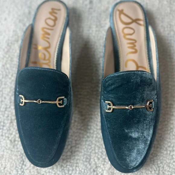 Sam Edelman Velvet Loafers in Teal with Gold Accents - Picture 2 of 6